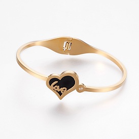 304 Stainless Steel Bangles, with Cubic Zirconia and Black Lip Shell, Heart with Word Love, For Valentine's Day