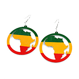 Colorful African Map Earrings with Vintage Wooden Design