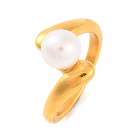 Ion Plating(IP) 304 Stainless Steel Finger Rings for Women, with Round Plastic Imitation Pearl