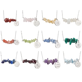 12Pcs 12 Styles Natural Gemstone & Constellation Pendant Necklaces, 304 Stainless Steel Cable Chains Necklaces, Stainless Steel Color