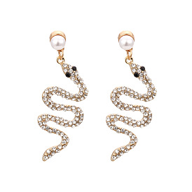 Minimalist Snake-shaped Alloy Diamond-studded Earrings with Vintage Fashion Animal Pearl Drops for Women's Ear Accessories