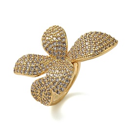 Rack Plating Flower Brass Micro Pave Clear Cubic Zirconia Cuff Rings for Women, Long-Lasting Plated