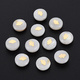 Natural Freshwater Shell Beads, with Plated Brass Metal Embellishments, Flat Round with Palm