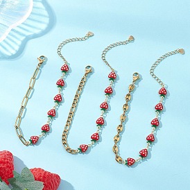3 шт. 3 стили латунные эмалевые цепочки браслеты, 304 браслеты-цепочки из нержавеющей стали для женщин, клубника