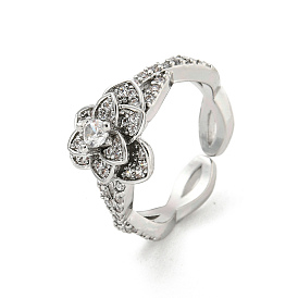 Brass Micro Pave Cubic Zirconia Cuff Rings, Flower Open Ring for Women, Long-Lasting Plated