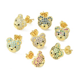 Bear Cubic Zirconia Stud Earrings, Real 18K Gold Plated Brass Jewelry for Women