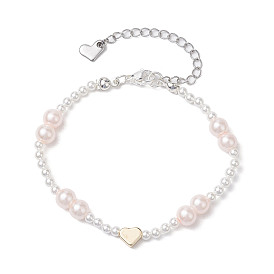 Shell Pearl & Glass Pearl Beaded Bracelets, Heart Brass Bracelets for Women