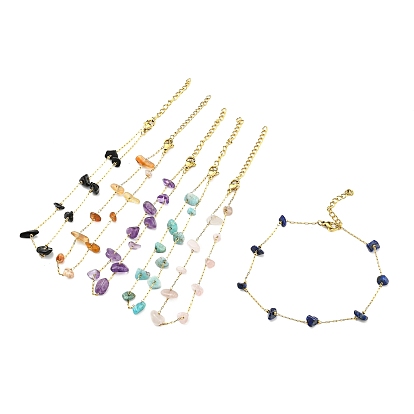 Natural Mixed Gemstone Chips Beaded Anklet with Vacuum Plating Golden 304 Stainless Steel Chains for Women