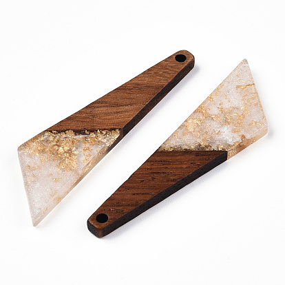 Transparent Resin & Walnut Wood Pendants, with Gold Foil, Quadrilateral Charms