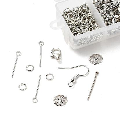 DIY Necklace Making Kits, 30Pcs Zinc Alloy Lobster Claw Clasps, 390Pcs Iron Jump Rings & Eye Pins & Earring Hooks & Flat Head Pins & Caps & 2m Cable Chains