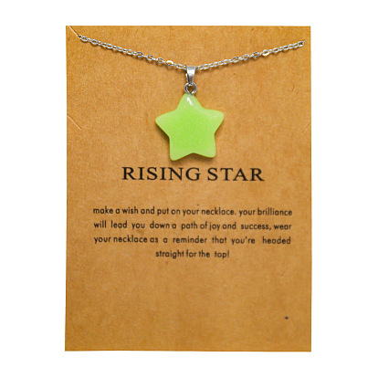 Multicolor fluorescent natural stone pentagram pendant luminous stone stainless steel chain card necklace gift jewelry