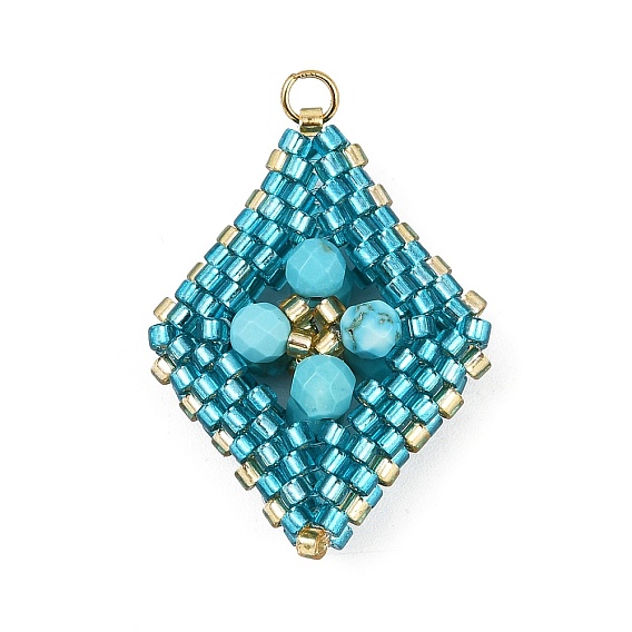 Подвески из синтетических драгоценных камней круглой огранки и стеклянных бусин ручной работы, ромб прелести, золотые