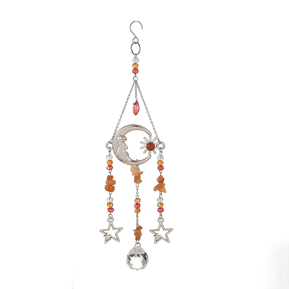 Attrape-soleil en alliage représentant un soleil, une lune et une étoile, orné de perles de verre et d'éclats de cornaline naturelle., suspension de fenêtre prismatique pour la décoration de la maison et du jardin