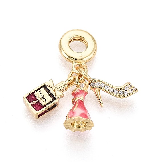 Европейские подвески-шармы из латуни с микропаве из прозрачных кубических цирконий и эмали, флакон духов, платье и туфли на высоком каблуке, Подвески с большими отверстиями, реальный 18 k позолоченный