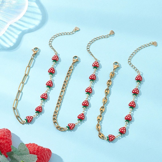 3 шт. 3 стили латунные эмалевые цепочки браслеты, 304 браслеты-цепочки из нержавеющей стали для женщин, клубника