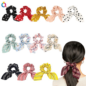 Cute Bunny Ear Hair Tie Bubble Gauze Floral Bowknot Scrunchie for Women Office Lady