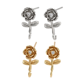 Brass Micro Pave Cubic Zirconia Studs Earring Findings, Long-Lasting Plated, Lead Free & Cadmium Free, Flower