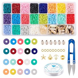 DIY Jewelry Kits, with Handmade Polymer Clay Bead Spacers, Alloy Pendants, Cowrie Shell Beads, Iron Scissors and Elastic Crystal Thread