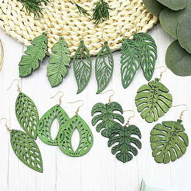 Wood Dangle Earrings for Women, Leaf