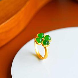 Lime Green Glass Imitation White Jade Clover Adjustable Ring, Brass Jewelry for Women