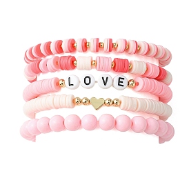 5Pcs 5 Style Word Love Acrylic & Brass Heart & Polymer Clay Disc Beaded Stretch Bracelets Set for Valentine's Day