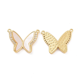 Brass Micro Pave Clear Cubic Zirconia Pendants, with Shell, Butterfly Charm