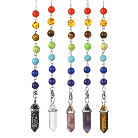 Mixed Gemstone Pointed Dowsing Pendulums, with 304 Stainless Steel Tiny Cross, Bullet Charm