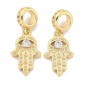 Brass Pave Clear Cubic Zirconia European Dangle Charms, Evil Eye Hamsa Hand Large Hole Pendants