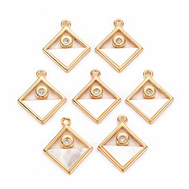 Natural Shell Pendants, with Brass Findings and Crystal Rhinestone, Long-Lasting Plated, Cadmium Free & Lead Free, Rhombus