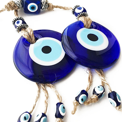 Flat Round with Evil Eye Glass Tassel Pendant Decorations, Braided Hemp Rope Hanging Ornaments