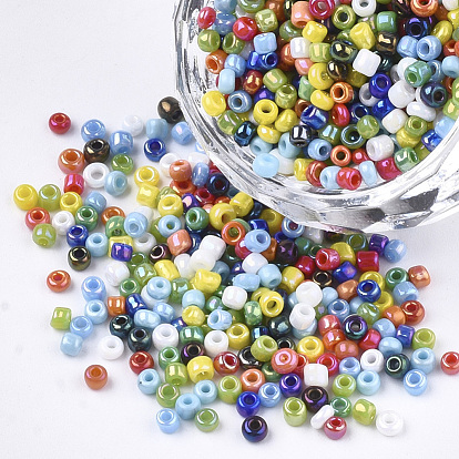 Opaque Glass Seed Beads, Rainbow Plated, Round