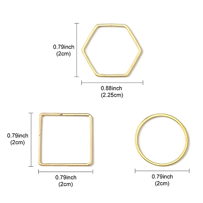 60Pcs 3 Styles Brass Linking Rings, Square & Ring & Hexagon, Mixed Shapes