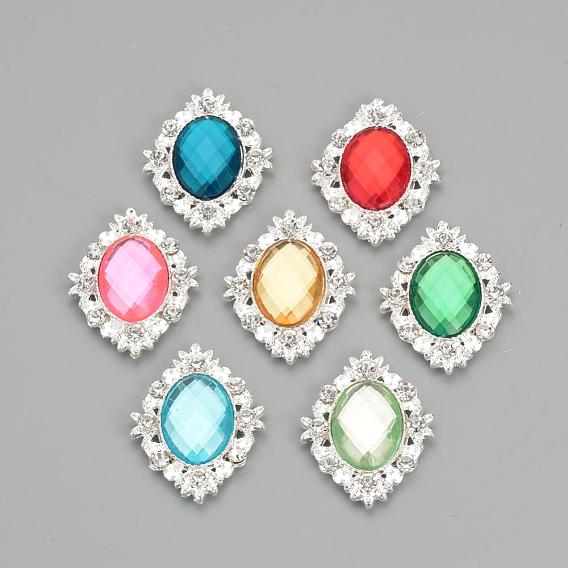 Alloy Rhinestone Flat Back Cabochons, with Acrylic Rhinestone, Oval, Silver Color Plated