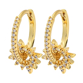 Real 18K Gold Plated Brass Hoop Earrings, with Cubic Zirconia, Sun