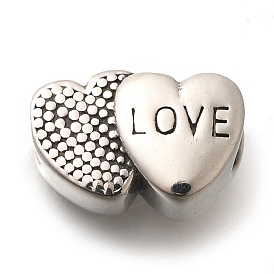 304 Stainless Steel European Beads, Large Hole Beads, Double Heart with Word Love