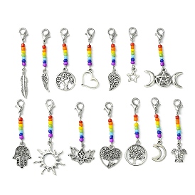 Glass Beaded Pendant Decorations, with Mixed Shapes Alloy Pendant and Zinc Alloy Lobster Claw Clasps