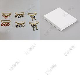 6 piezas 6 conjunto de broches con alfileres de seguridad con dijes de esmalte de flores, mariposas y mal de ojo, Pines de solapa de hierro dorado con diamantes de imitación de cristal para ropa de mochila