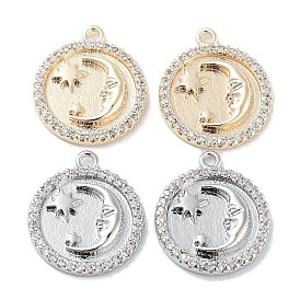 Brass Micro Pave Clear Cubic Zirconia Pendants, Flat Round with Moon Charms