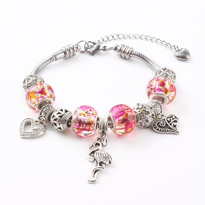 304 Stainless Steel European Bracelets, with Glass Rondelle Beads and Alloy Pendants and Beads, Flamingo & Heart, Hot Pink