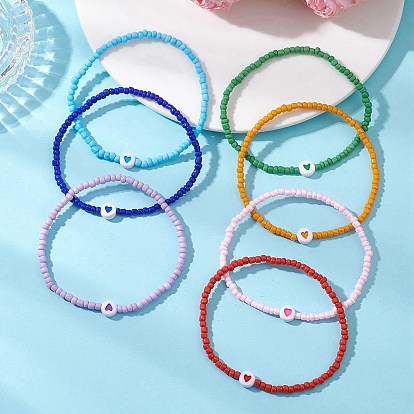 Стеклянный бисер стрейч браслеты, акриловые украшения для женщин, плоско-круглые с сердцем