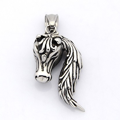 Retro 304 Stainless Steel Horse Head Pendants, 40x23x13mm, Hole: 5x8mm