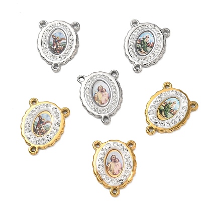 Religion 304 Stainless Steel Chandelier Components Links, with Clay Pave Crystal Rhinestone, Oval with Saint Rosary Centers, Ion Plating(IP)