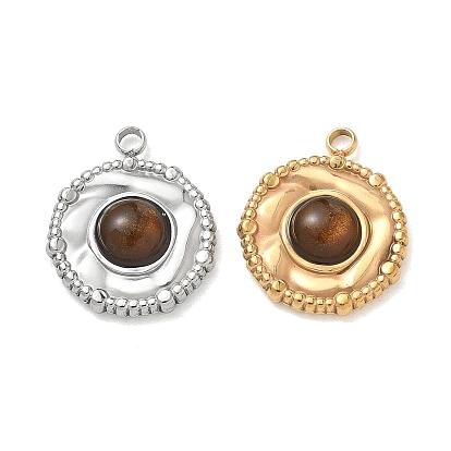 Natural Tiger Eye Pendants, 304 Stainless Steel Flat Round Bezeled Charms
