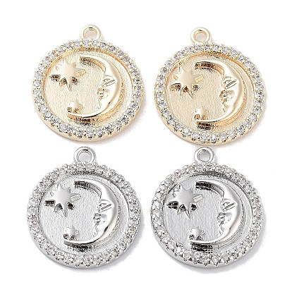 Brass Micro Pave Clear Cubic Zirconia Pendants, Cadmium Free & Nickel Free & Lead Free, Flat Round with Moon Charms