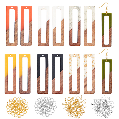 1 Box 70Pcs DIY Dangle Earring Making Kits, Including Rectangle Resin & Walnut Wood Pendants, Brass Earring Hooks & Jump Rings