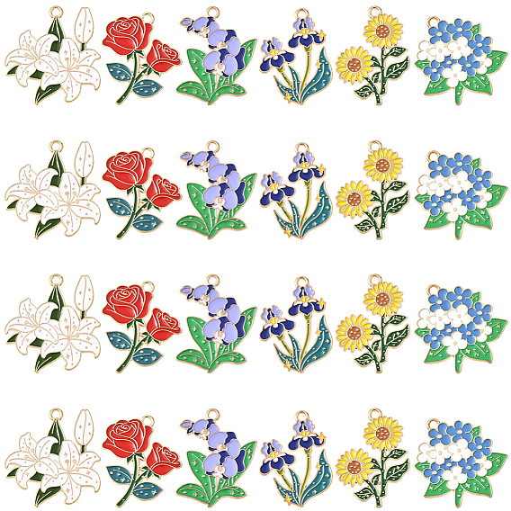 24 шт 6 стили подвески из цинкового сплава с эмалью, золотой свет, цветок