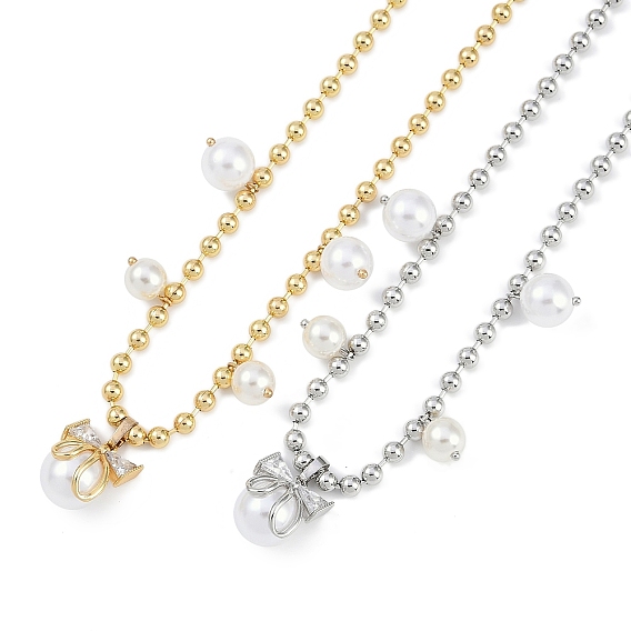 Стойка покрытие латунь микропаве прозрачный кубический цирконий бант кулон шариковая цепочка ожерелья, ожерелья из искусственного жемчуга, без кадмия и без свинца, долговечный