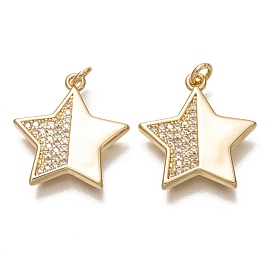 Brass Micro Pave Clear Cubic Zirconia Pendants, Long-Lasting Plated, with Jump Rings, Star