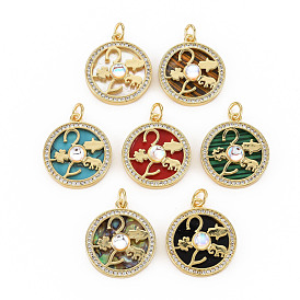 Brass Micro Pave Clear Cubic Zirconia Pendants, with Glass, Shell & Synthetic Stone & Acrylic and Jump Ring, Real 16K Gold Plated, Flat Round, Nickel Free