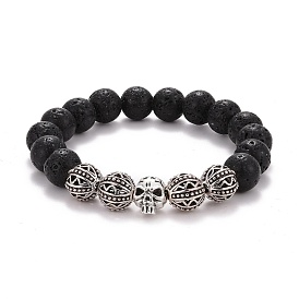 Natural Lava Rock Round Beads Essential Oil Anxiety Aromatherapy Stretch Bracelet for Girl Women Gift, Skull Alloy Beads Bracelet, Antique Silver